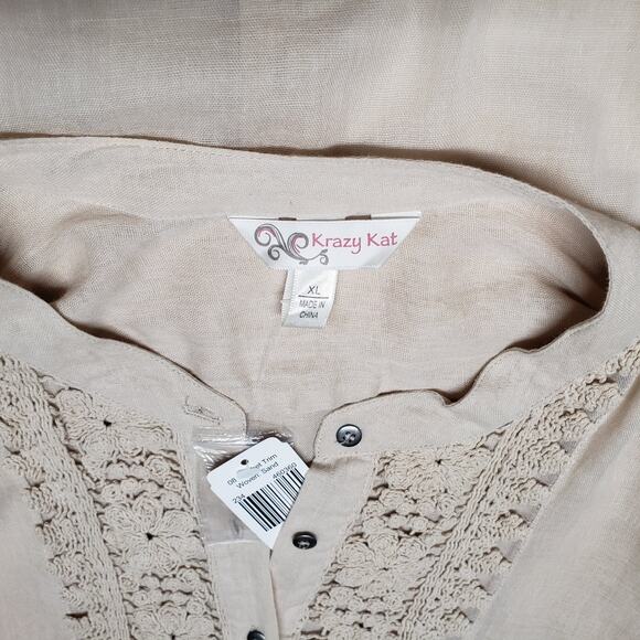 Krazy Kat Womens XL Light Khaki Cotton Tunic Top Crochet Button Front Boho Style - Picture 5 of 12